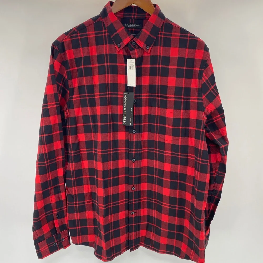 NEW Banana Republic Luxe Flannel‎ Shirt Mens Large Buffalo Plaid Untucked Rugged